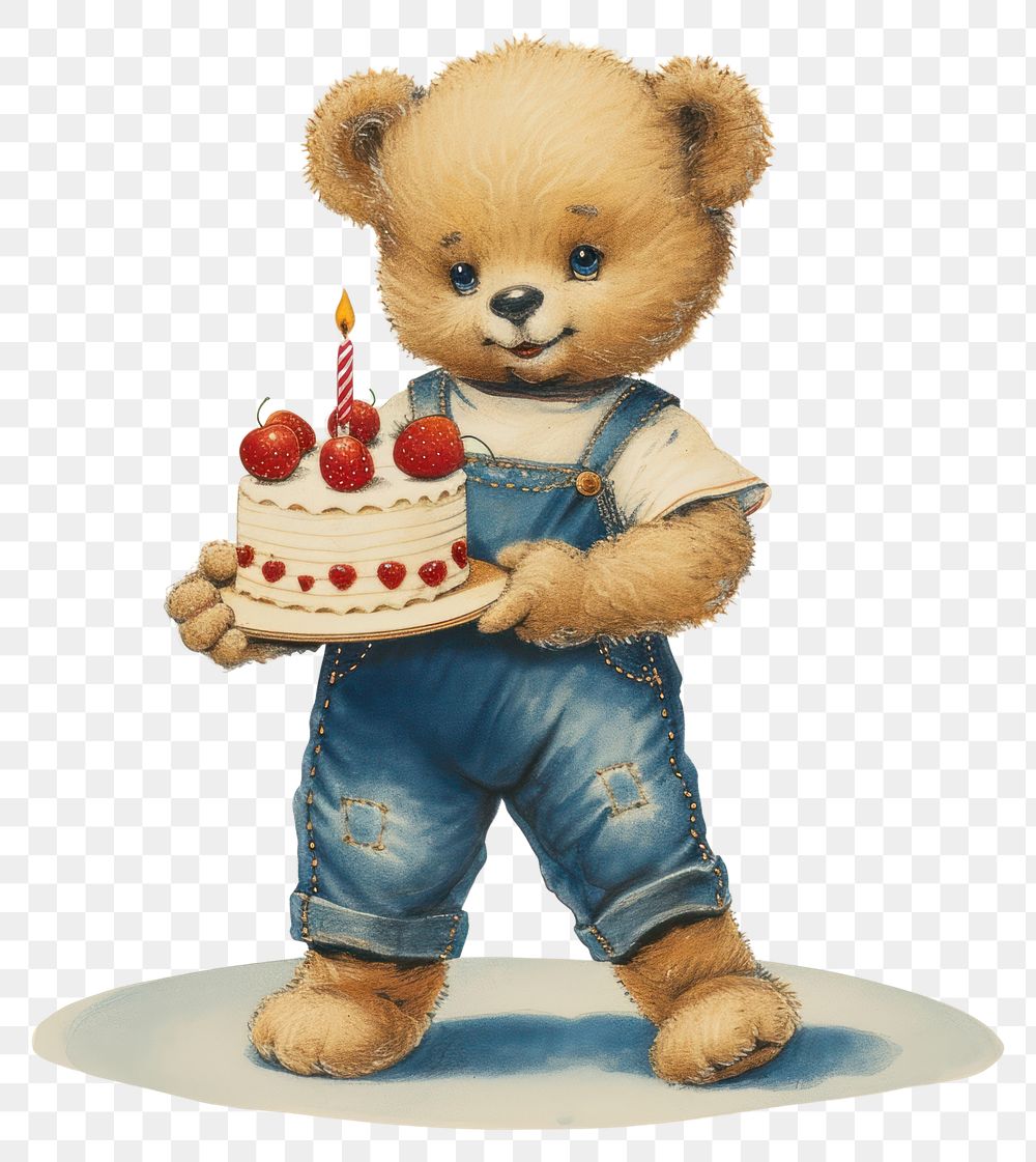 PNG Vintage illustration of teddy bear cake birthday dessert.