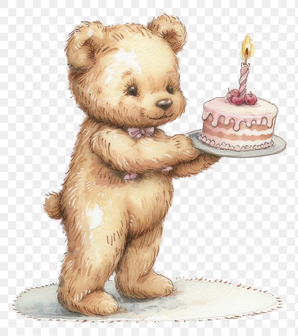 PNG Vintage illustration of teddy bear cake birthday dessert.