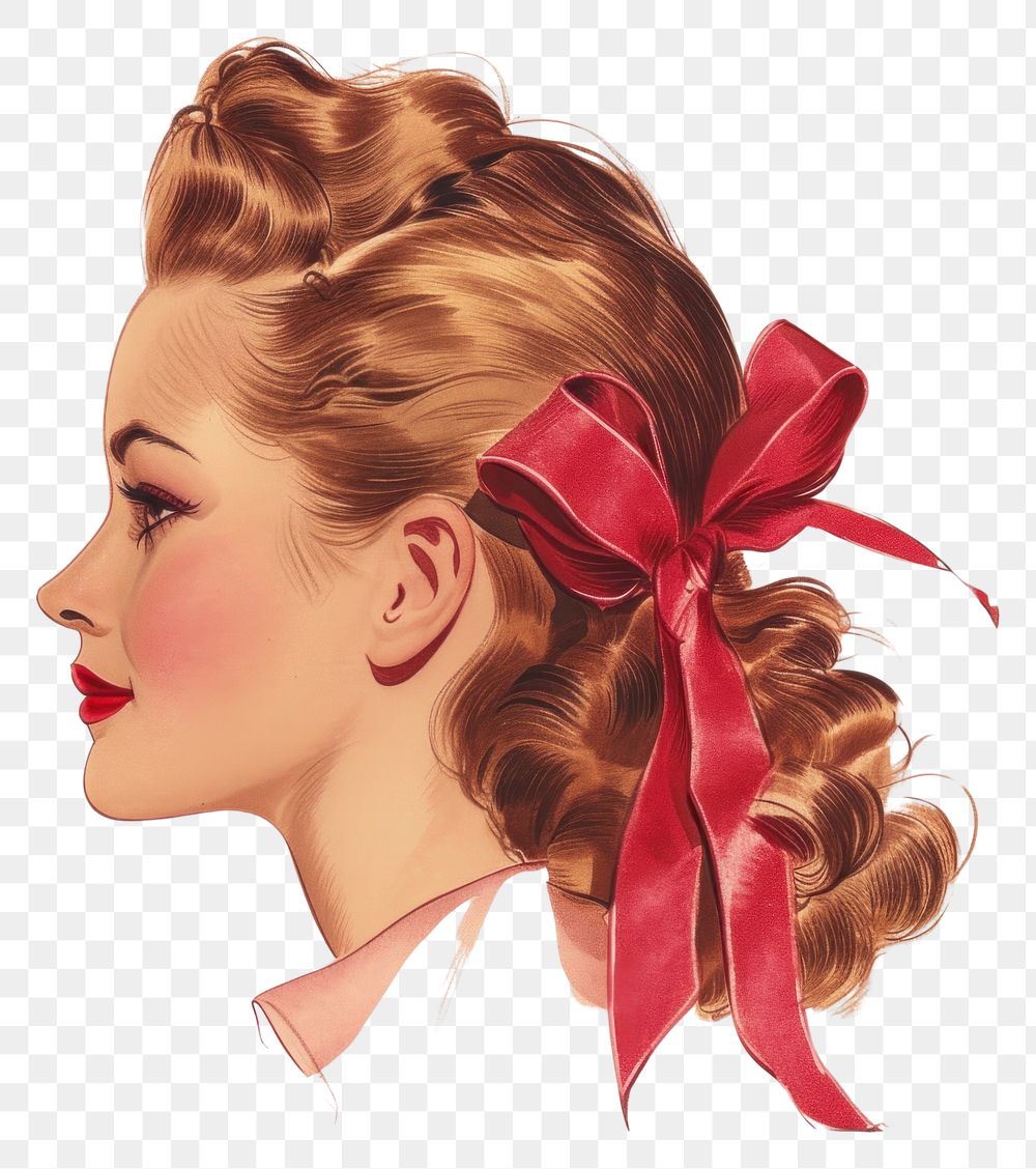 PNG Vintage illustration of ribbon bow art portrait hair.