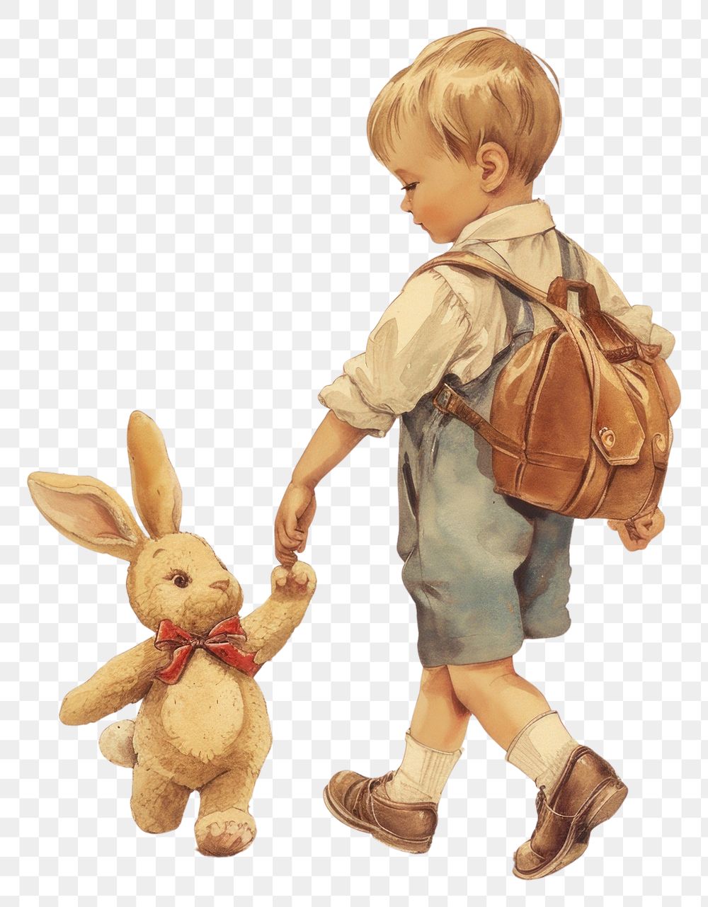 PNG Vintage illustration boy rabbit walking toy representation