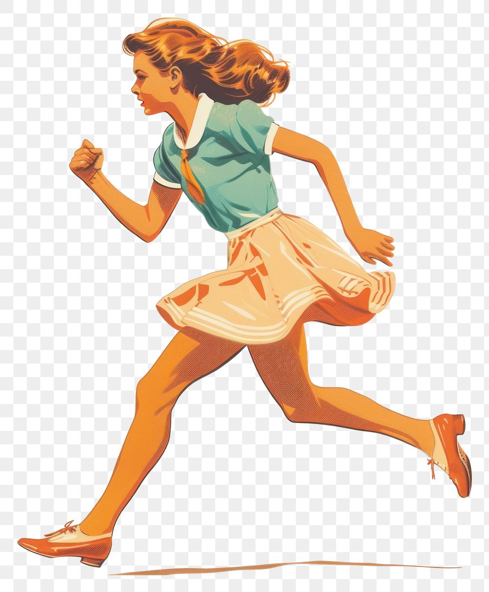 PNG Vintage illustration of girl running adult art exercising.