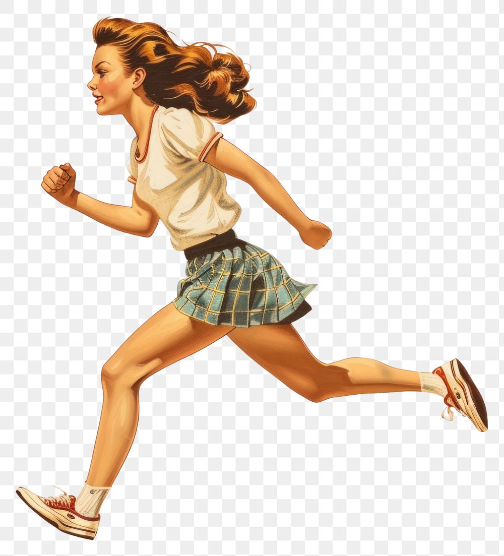 PNG Vintage illustration of a girl running shorts art advertisement.