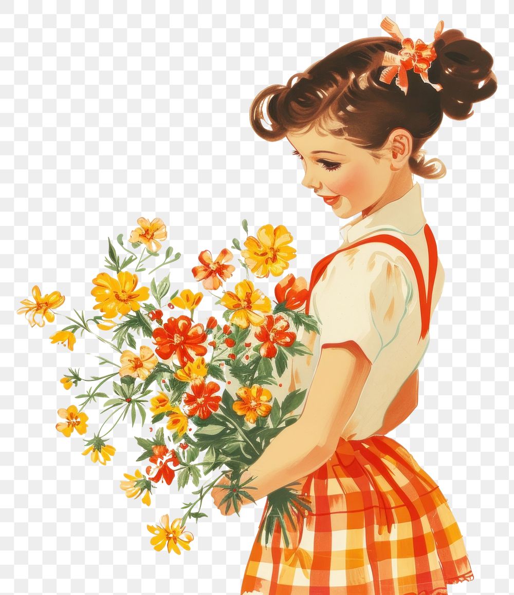 PNG Vintage illustration of a girl flower art painting.