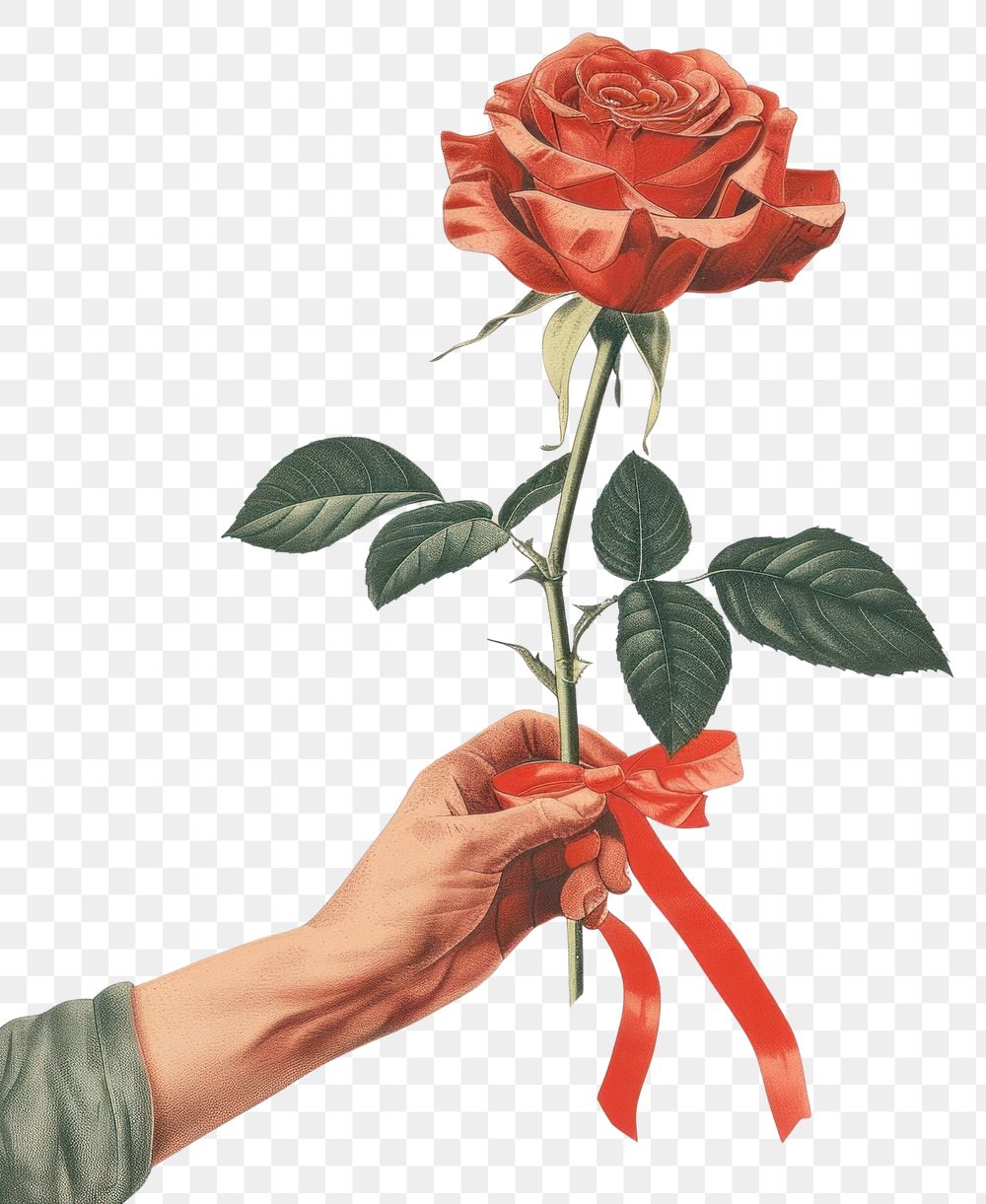 PNG Vintage illustration of a rose art holding flower