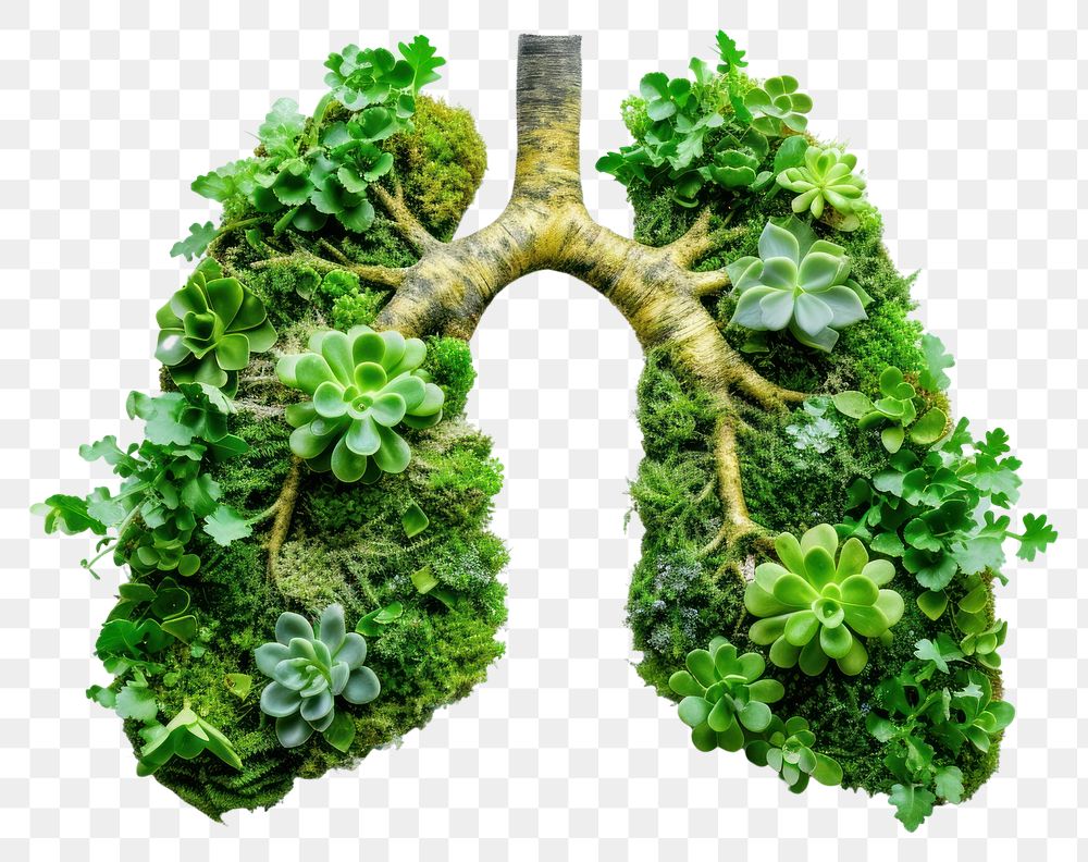 PNG Lungs covered with green plants herbs leaf hospital.