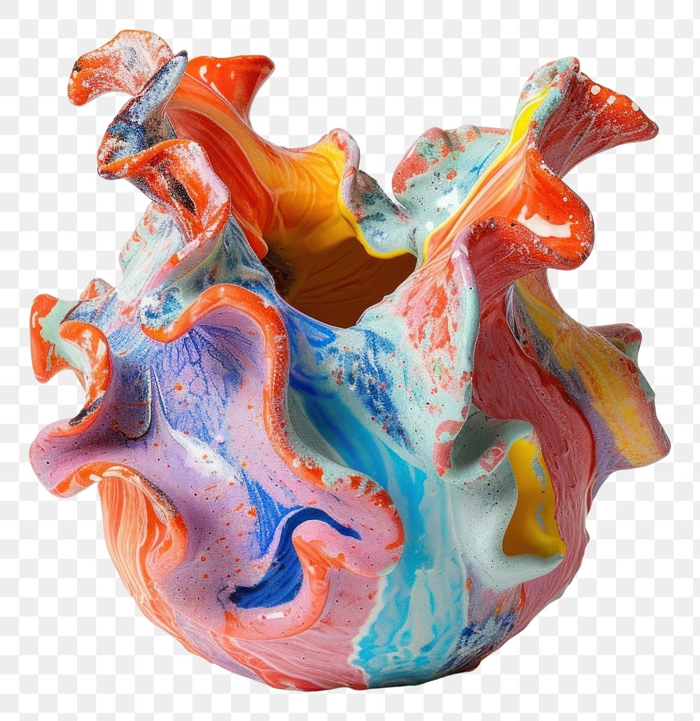 PNG One piece of colorful ceramic art made by kid pottery vase white background.