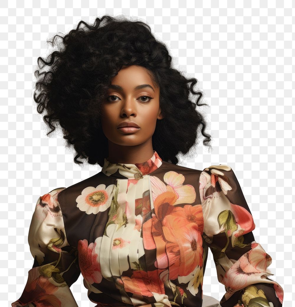 PNG  Black woman wearing fashionable floral blouse portrait adult photo. AI generated Image by rawpixel.