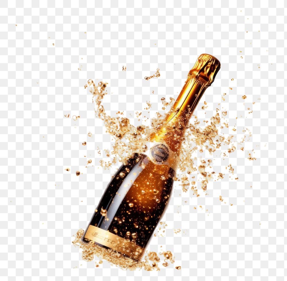 PNG  Glitter exploding out of a champagne bottle drink wine white background. AI generated Image by rawpixel.