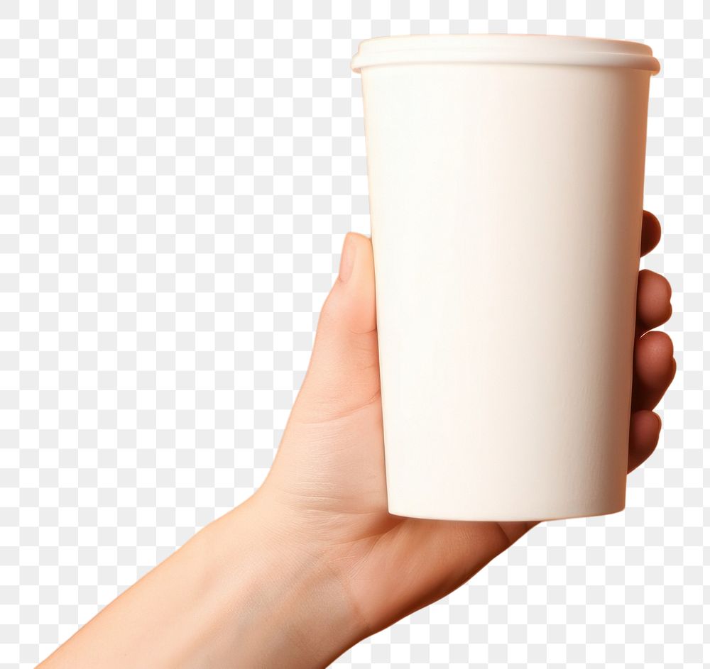 PNG Coffee cup mockup curtain holding hand.