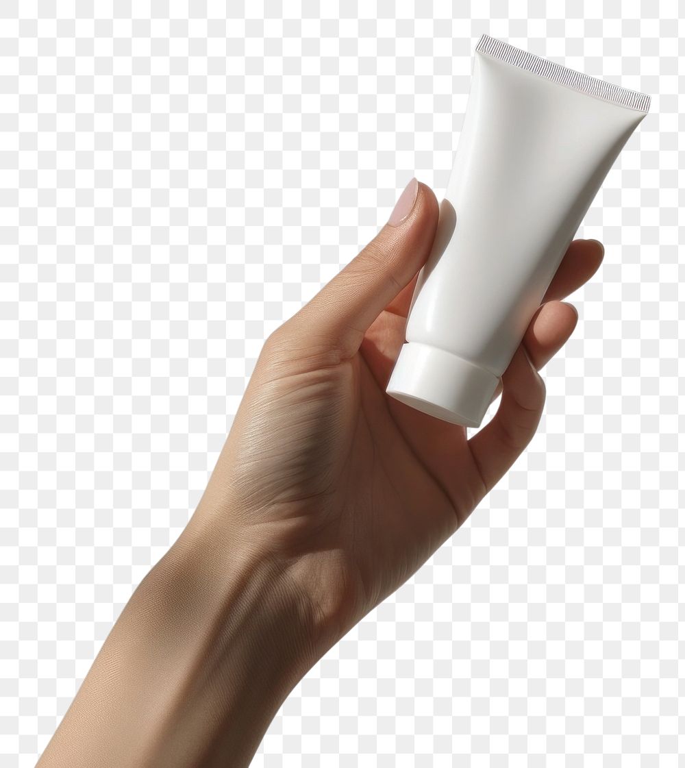 PNG  Tube skincare mockup holding white hand.