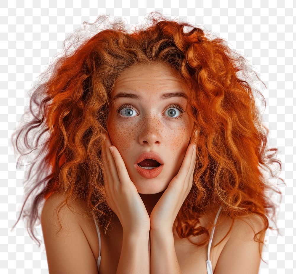 PNG  Surprised girl with Big Hair surprised adult orange background.