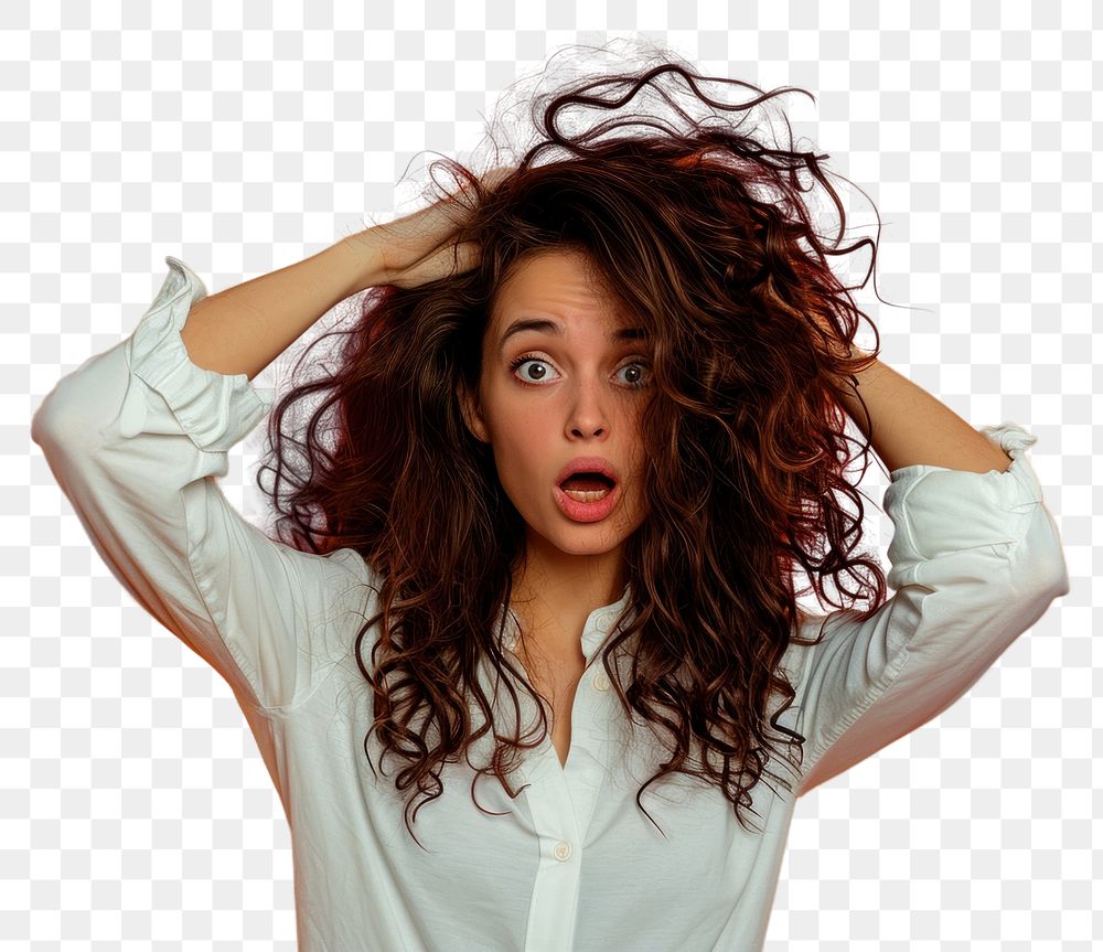 PNG  Surprised Woman white shirt with Big Hair surprised adult woman.