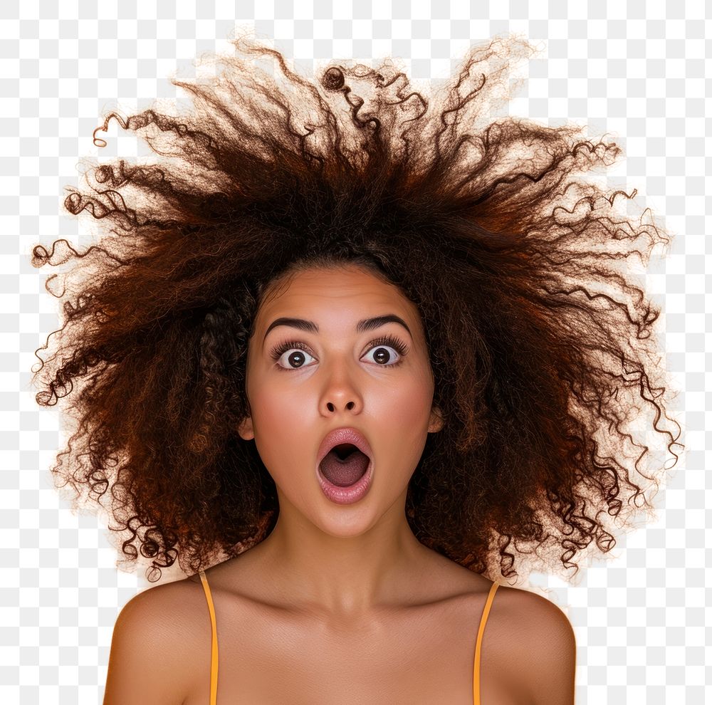 PNG  Surprised Woman with Big Hair surprised adult woman.