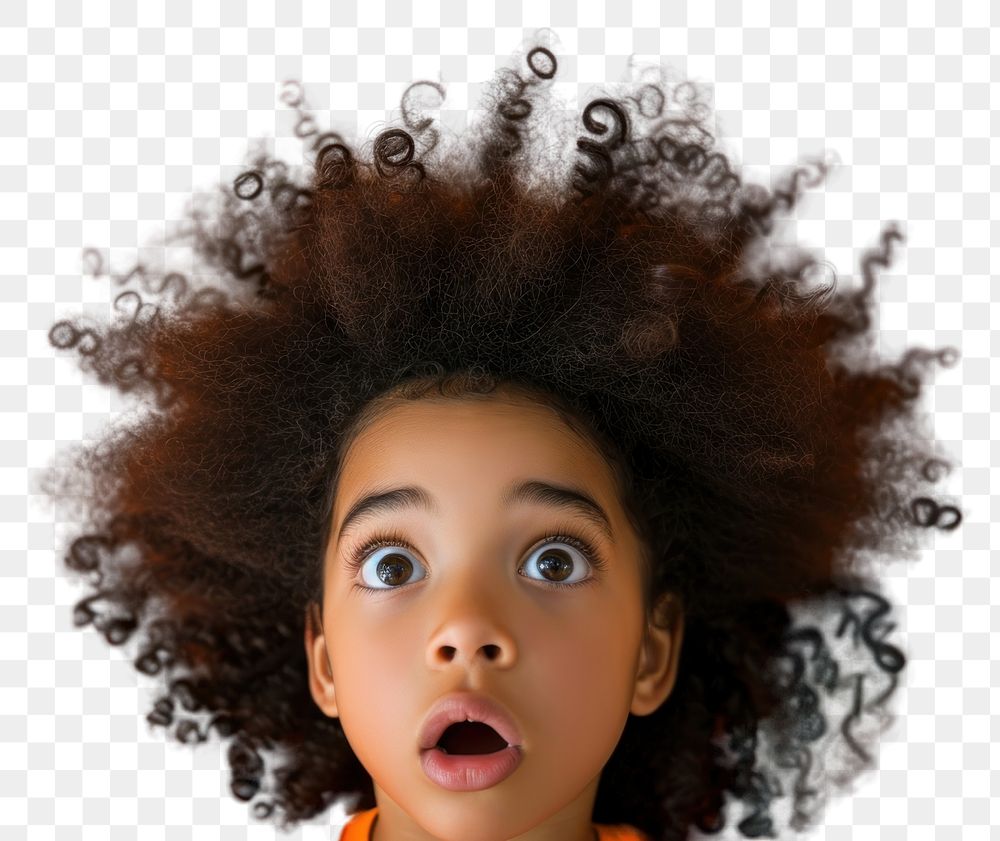 PNG  Surprised young girl with Big Hair surprised orange background dreadlocks.