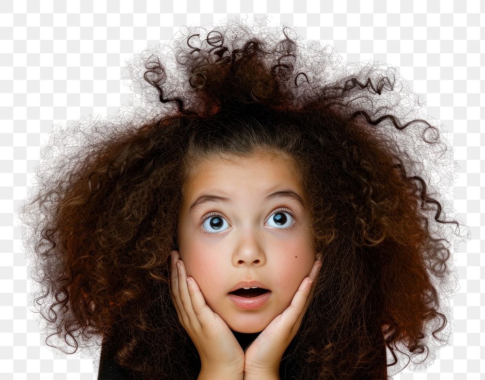 PNG  Surprised young girl with Big Hair photography surprised portrait.