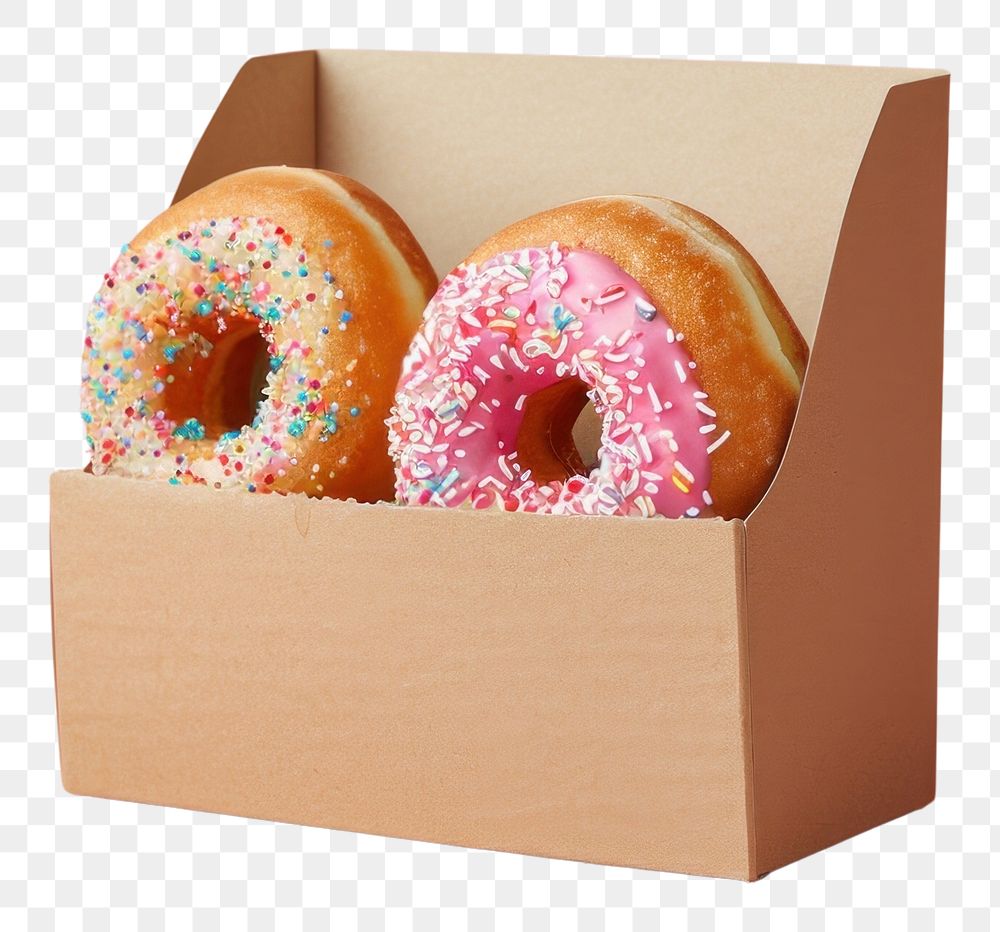 PNG  Three donuts in box packaging mockup bagel food confectionery.