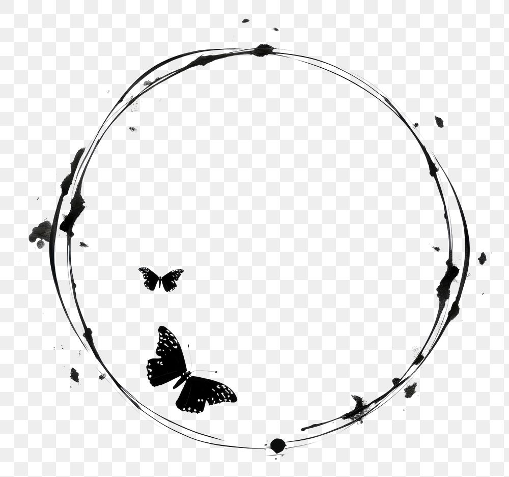 PNG Stroke outline butterflies frame circle black white background.