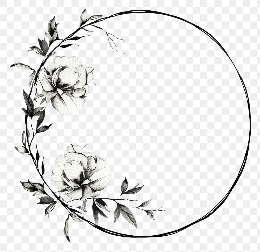 PNG Stroke outline chinese roses frame circle monochrome dishware.