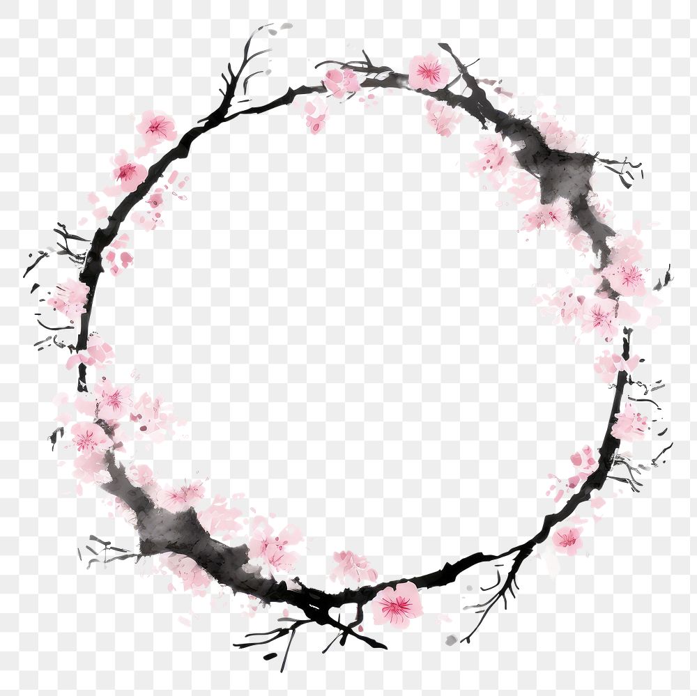 PNG Stroke outline pink sakura frame blossom flower circle.
