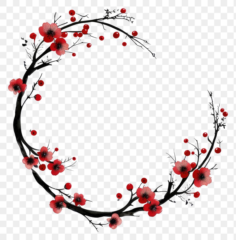 PNG Outline red plum flowers frame circle plant white background.