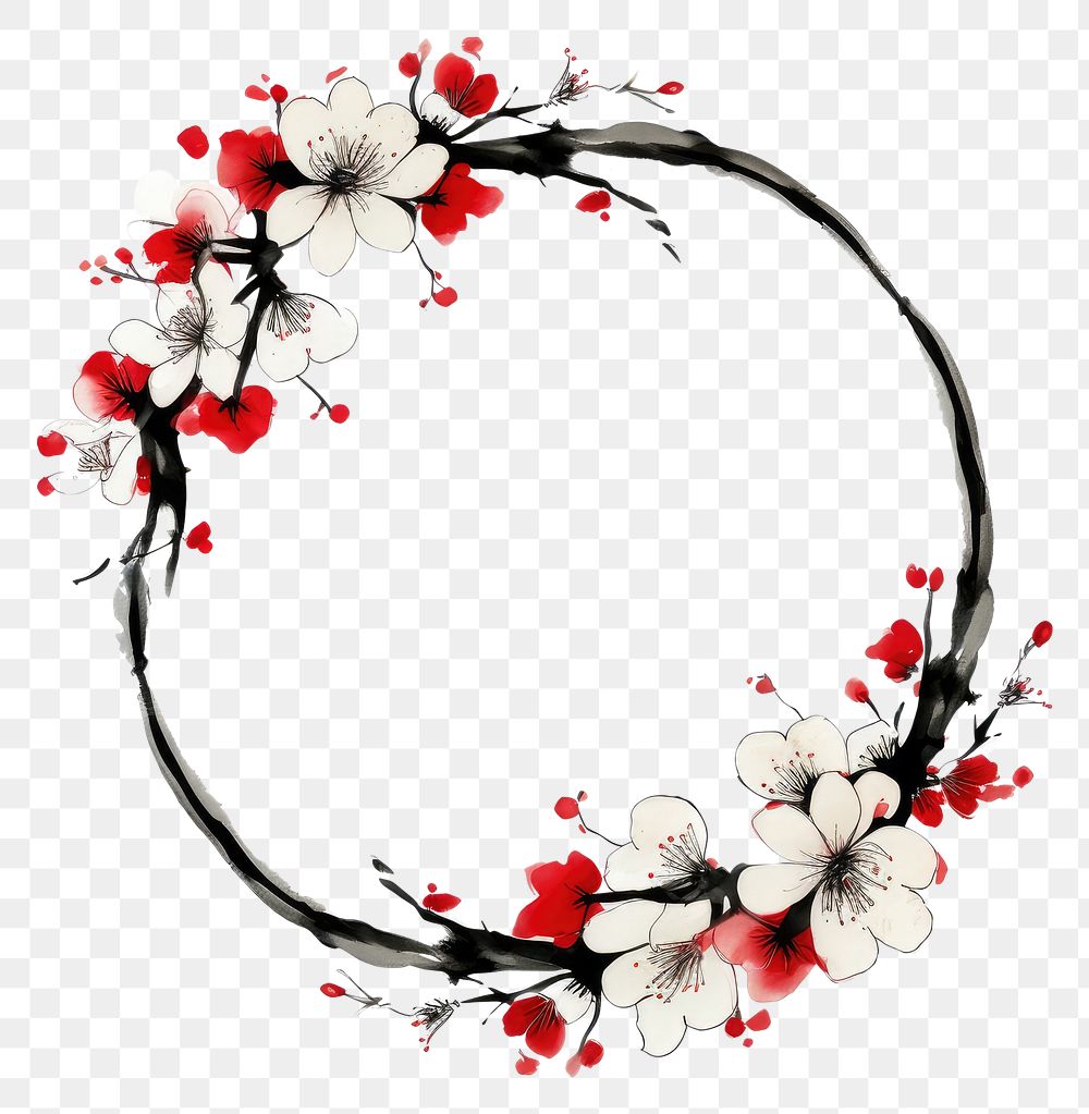 PNG Outline red plum flowers frame blossom circle plant.