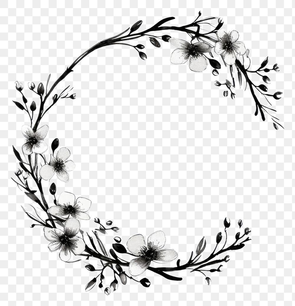 PNG Stroke outline spring flowers frame circle white monochrome.