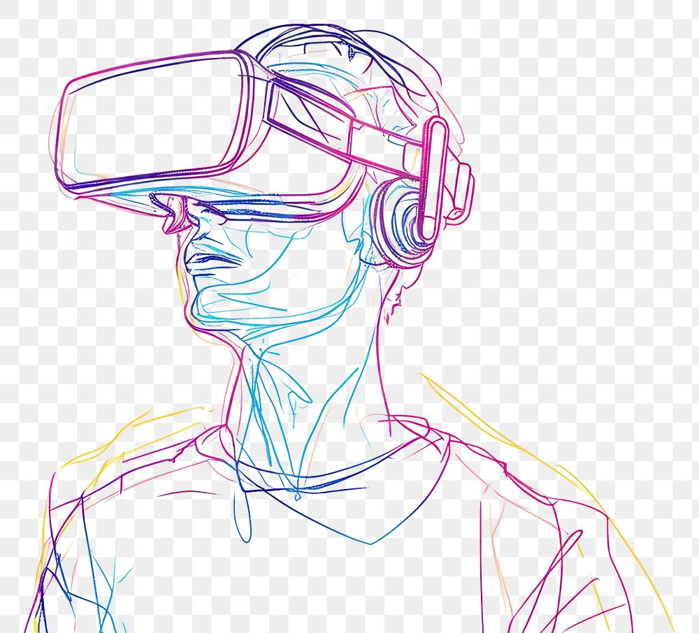 PNG  Continuous line drawing man wearing vr headset sketch adult art.