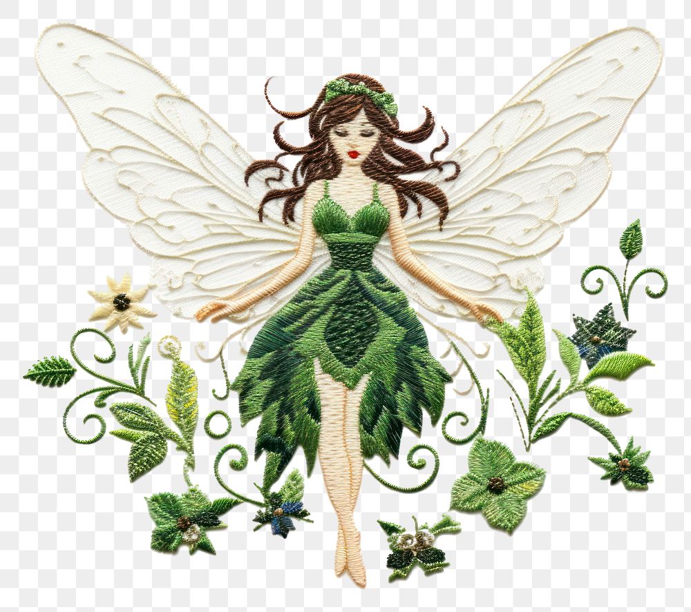 PNG  Fairy in embroidery style pattern adult green.