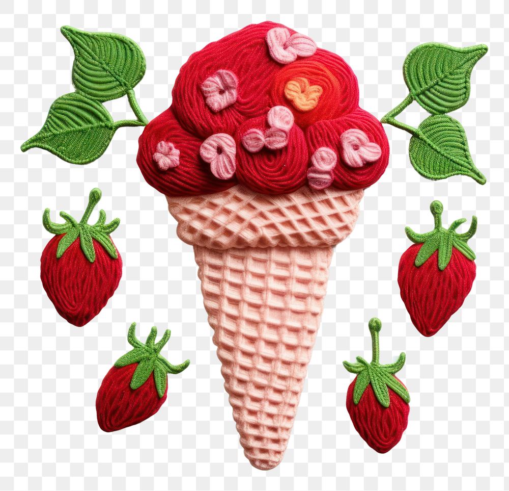PNG  Ice cream strawberry in embroidery style dessert fruit plant.