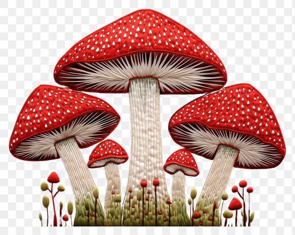 PNG  Mushroom in embroidery style agaric fungus plant.
