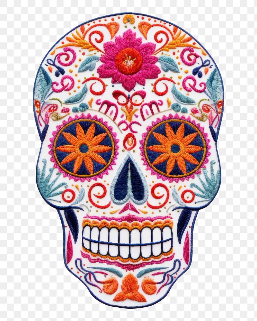 PNG  Skull in embroidery style pattern drawing art.