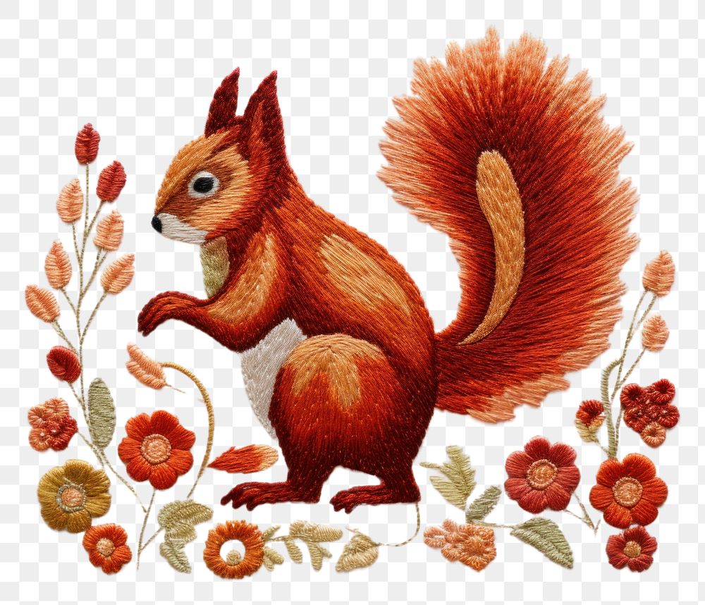 PNG  Squirrel in embroidery style pattern animal mammal.