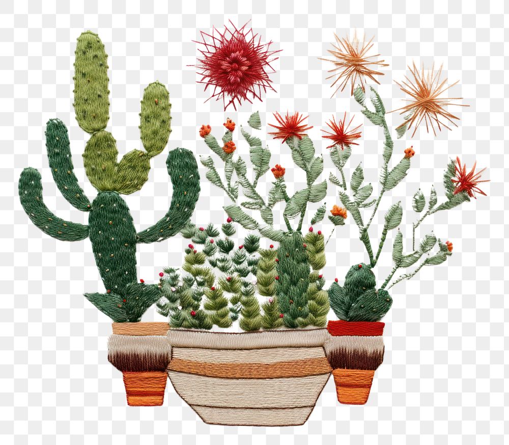 PNG  Potted plant in embroidery style cactus creativity needlework.