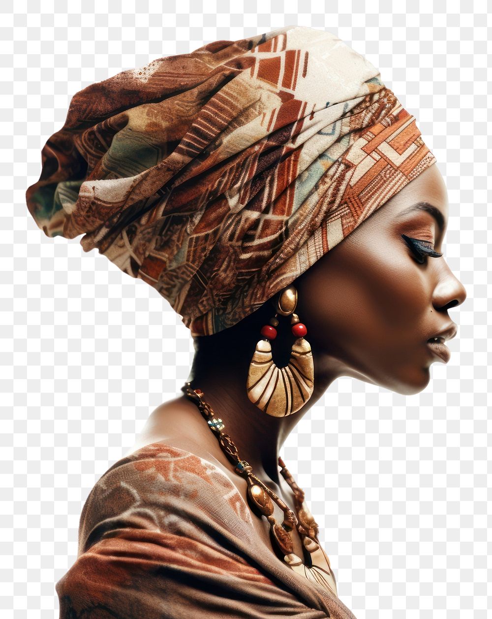 PNG African woman portrait jewelry turban.