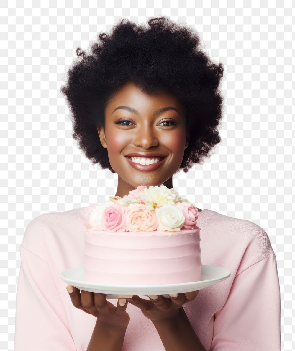 PNG  Happy Afican woman and cake dessert smile happy.