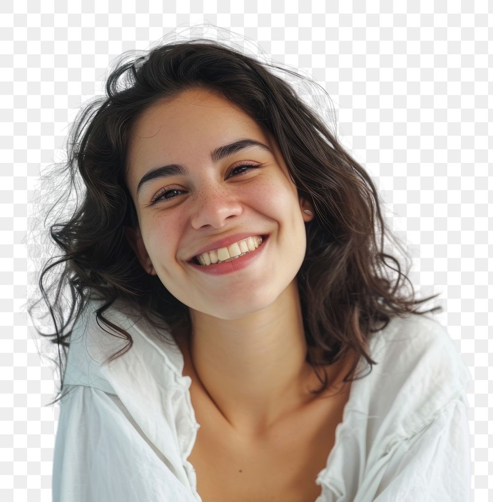PNG  Cheerful colombian woman laughing portrait smile.