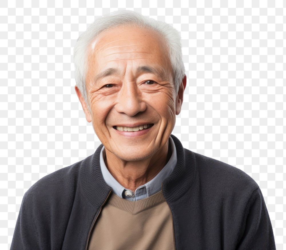 PNG  Senior man sitting and smile portrait adult white background.