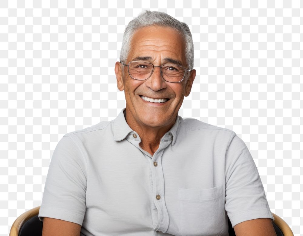PNG  Senior man sitting and smile portrait glasses adult.