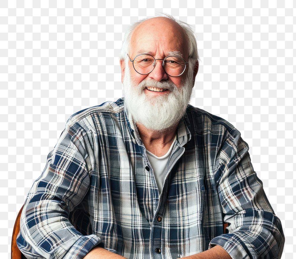 PNG  Senior man sitting and smile portrait glasses adult.