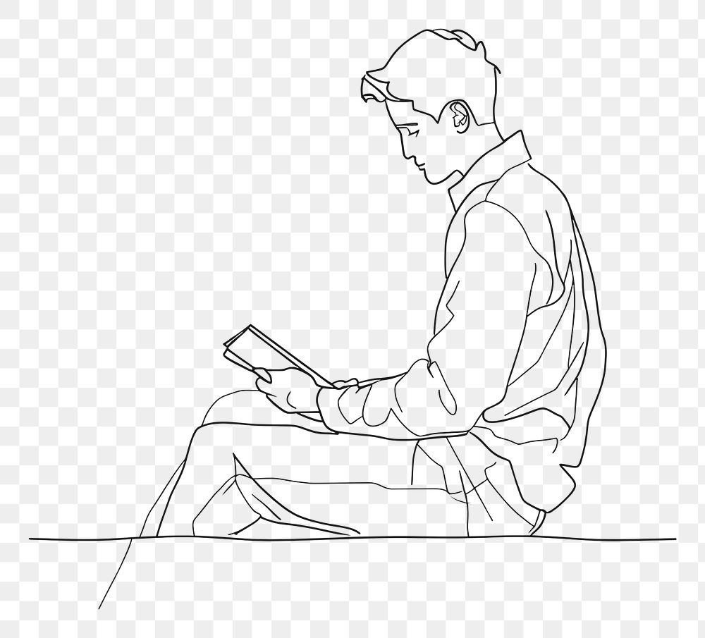 PNG  Single line drawing man reading sketch doodle art.