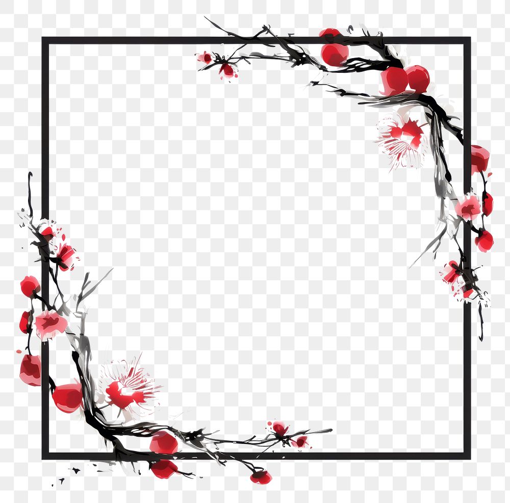 PNG Stroke outline red chinese plum frame blossom flower plant.