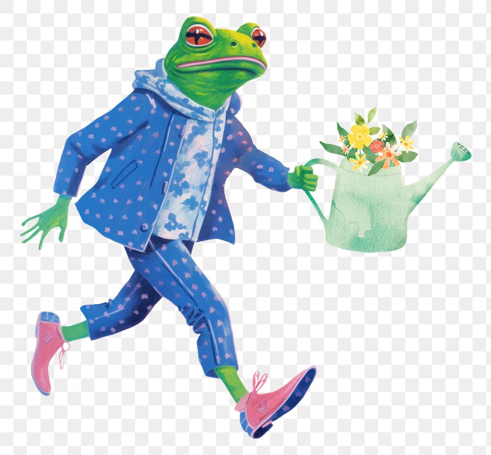 Frog character png holding watering can digital art illustration, transparent background