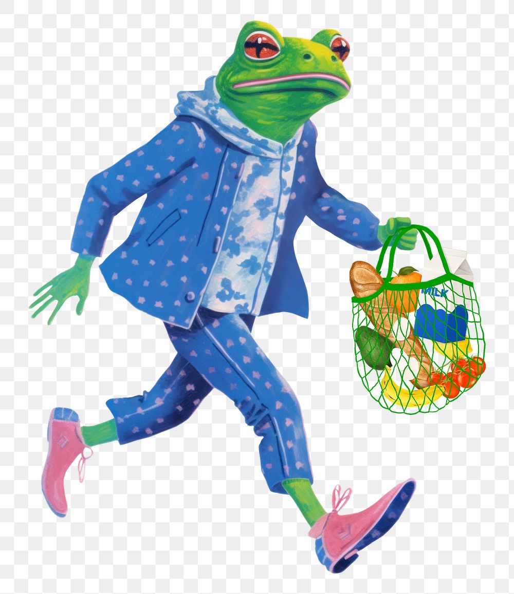 Frog character png holding net bag digital art illustration, transparent background