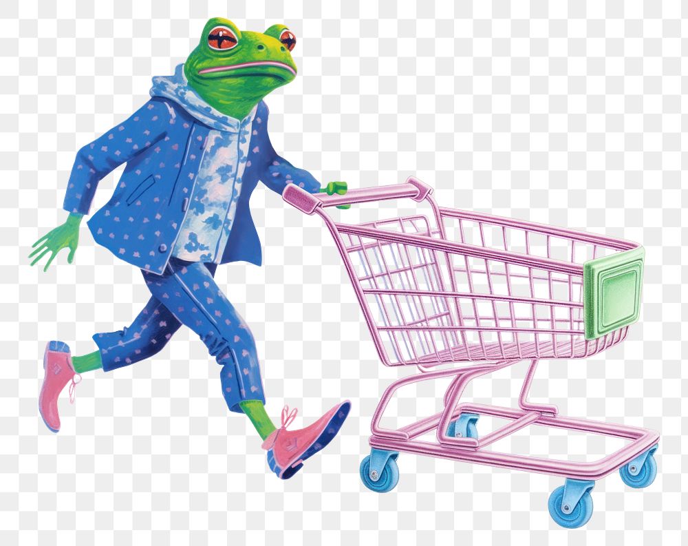 Frog character png with shopping cart digital art illustration, transparent background