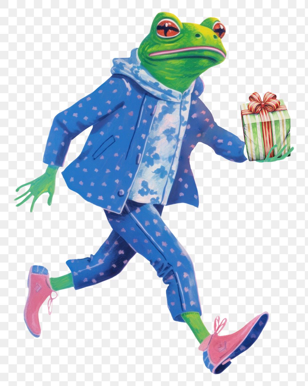 Frog character png holding gift box digital art illustration, transparent background