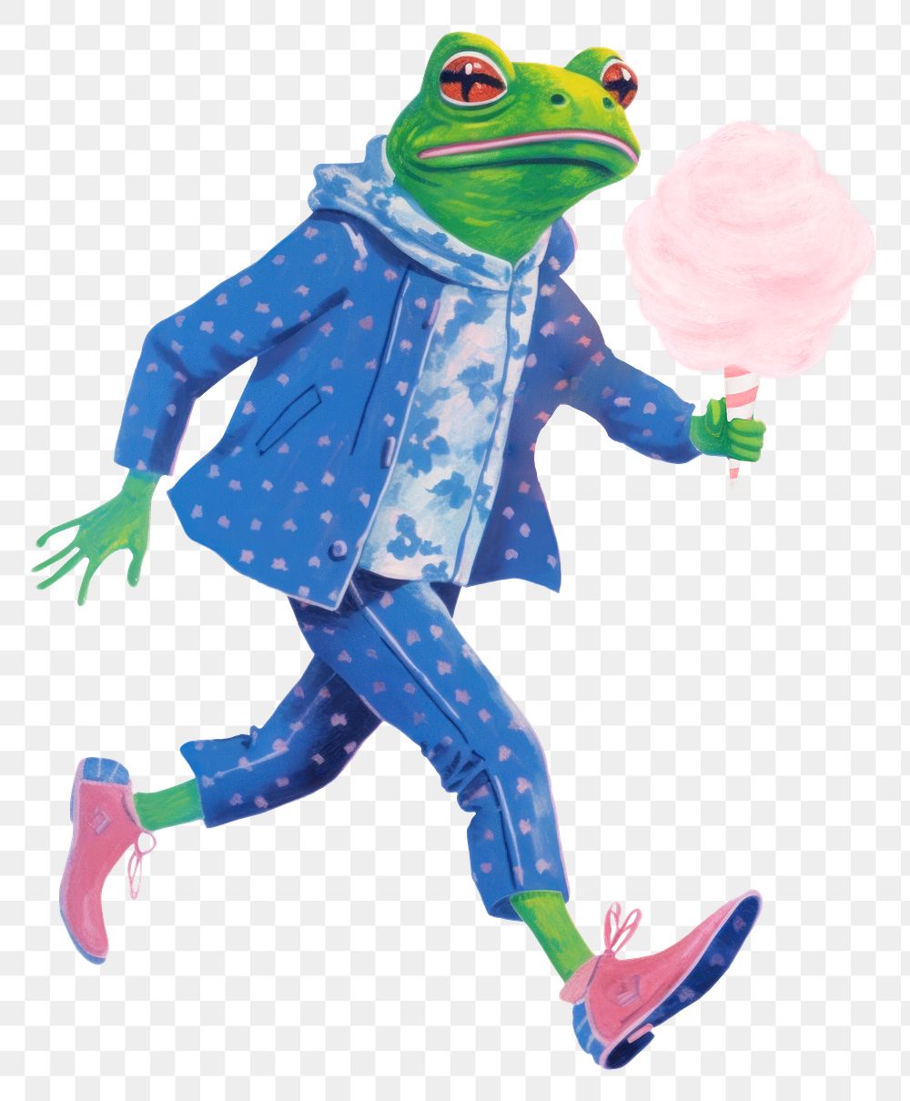 Frog character png holding cotton candy digital art illustration, transparent background