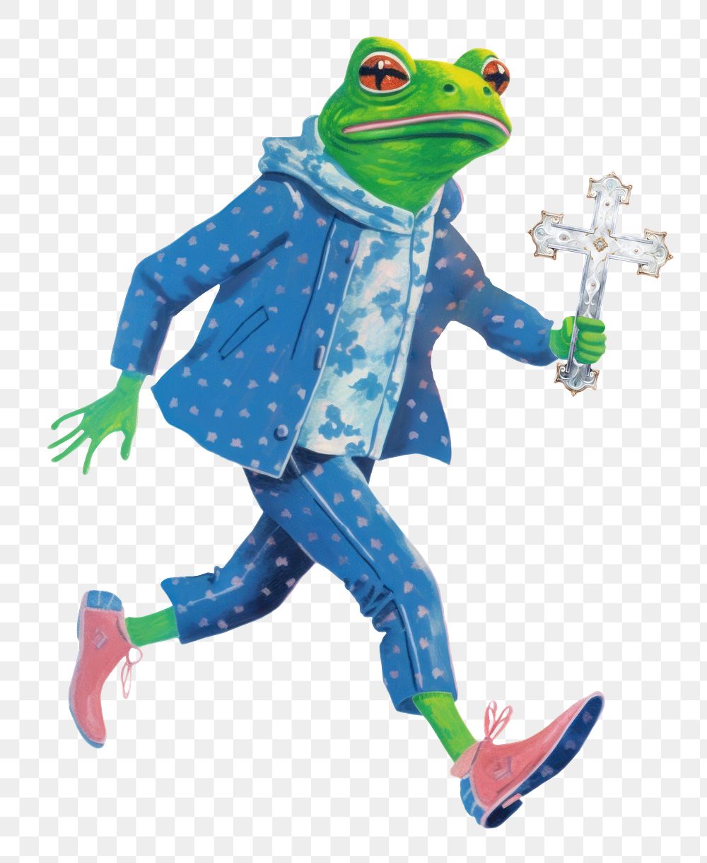 Frog character png holding cross digital art illustration, transparent background