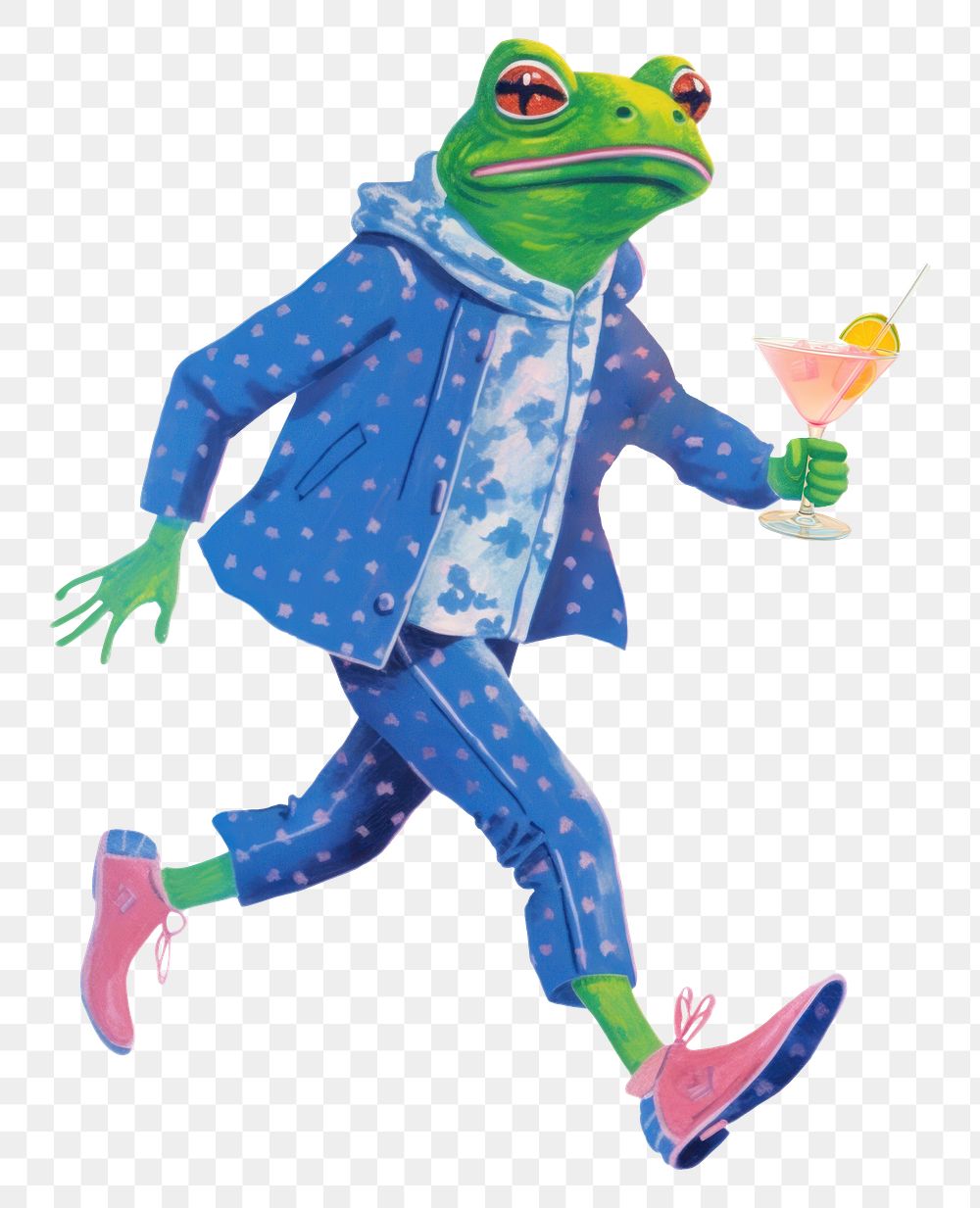 Frog character png holding cocktail glass digital art illustration, transparent background