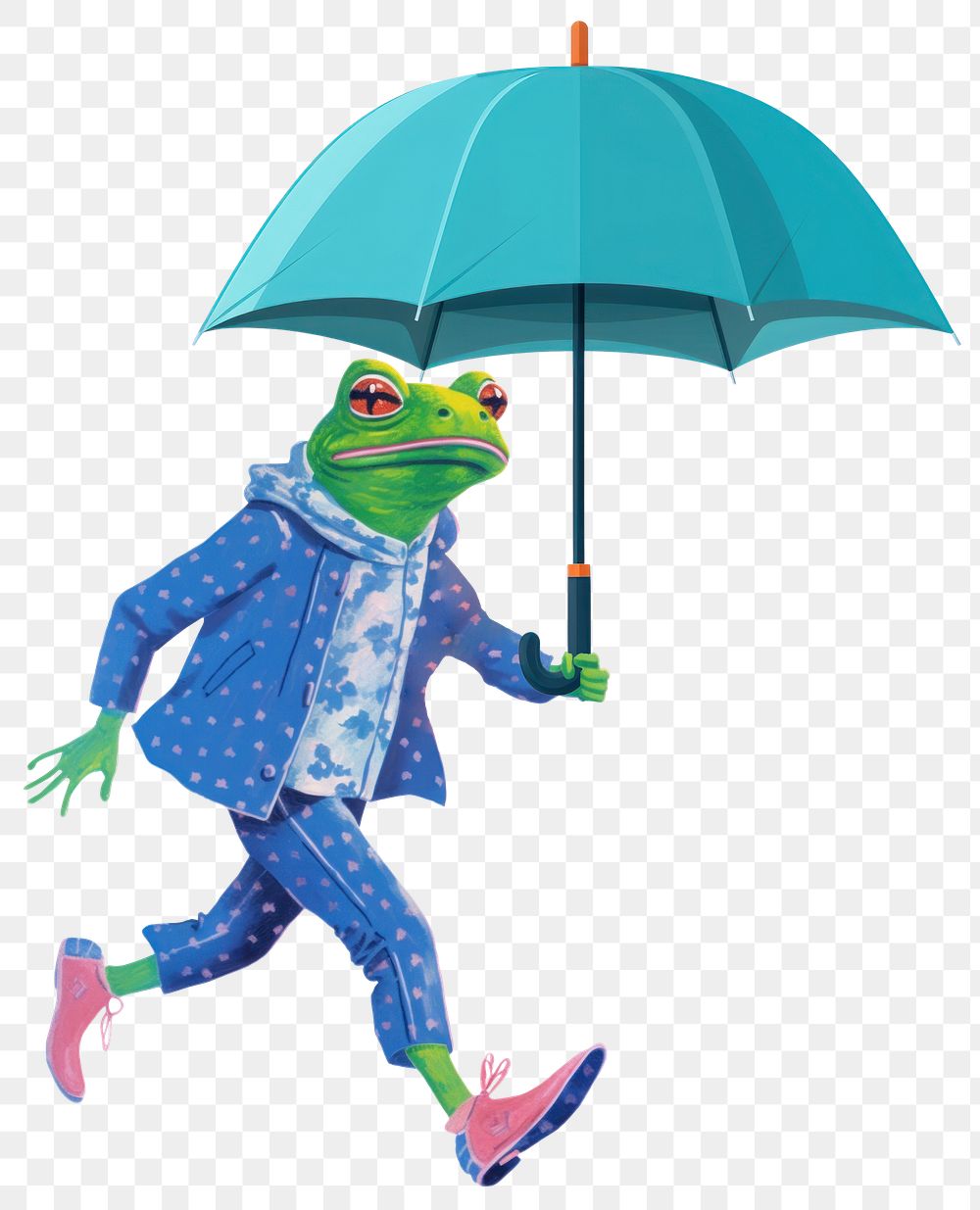 Frog character png holding umbrella digital art illustration, transparent background