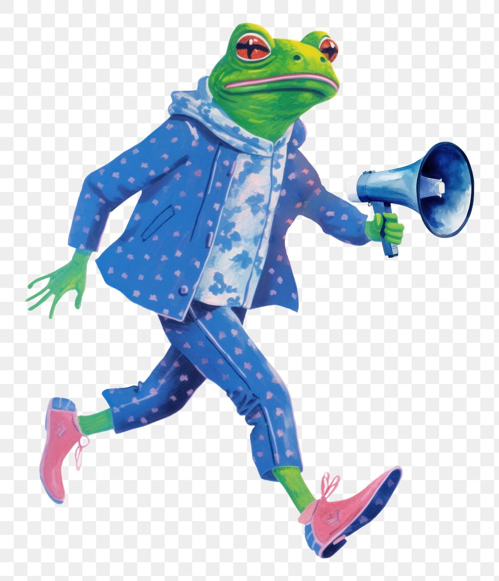 Frog character png holding megaphone digital art illustration, transparent background